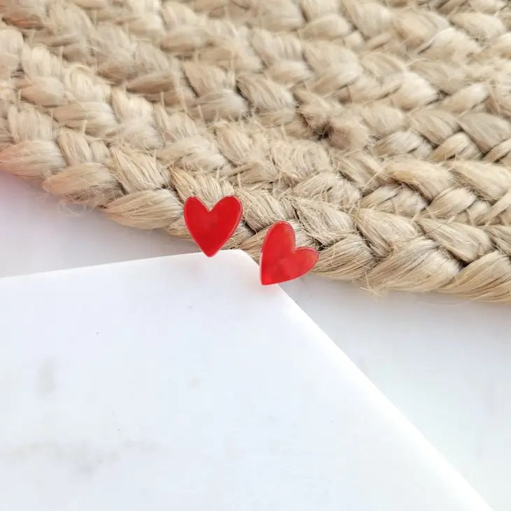 Hand Drawn Heart Studs - Red / Valentine's Earrings
