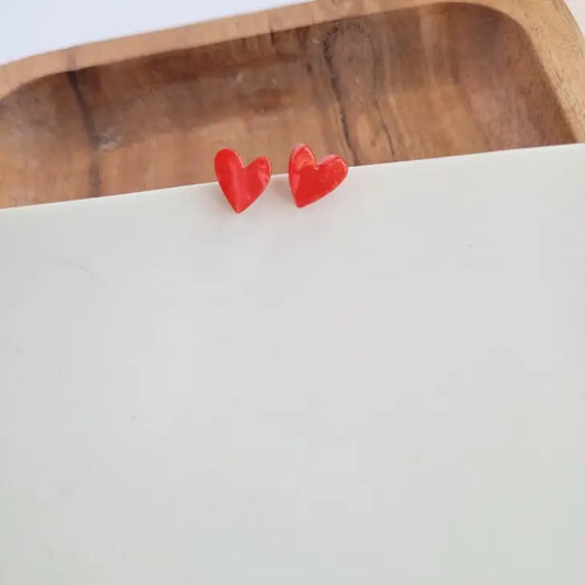Hand Drawn Heart Studs - Red / Valentine's Earrings